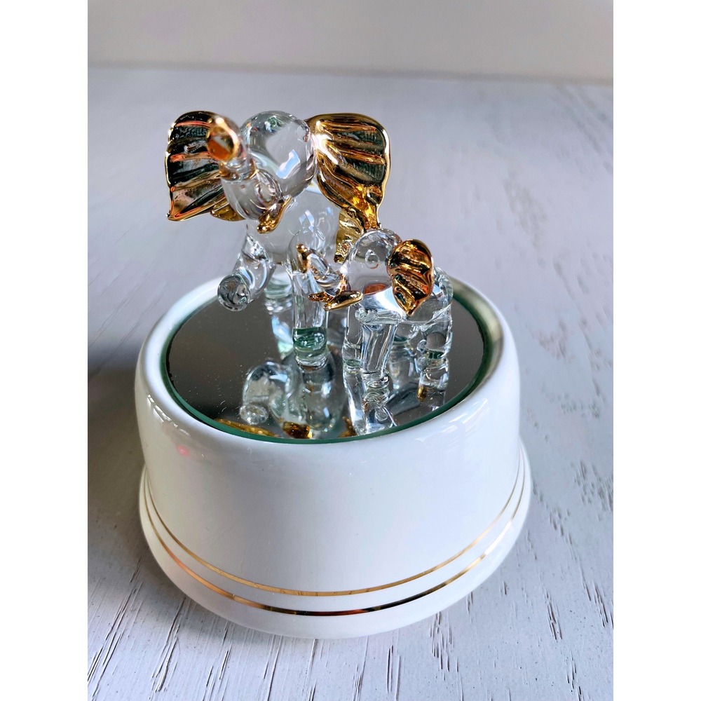 Vtg Glass Elephant Family Music Box White Gold Tone Mirror Base Plays Tune - Picture 2 of 9
